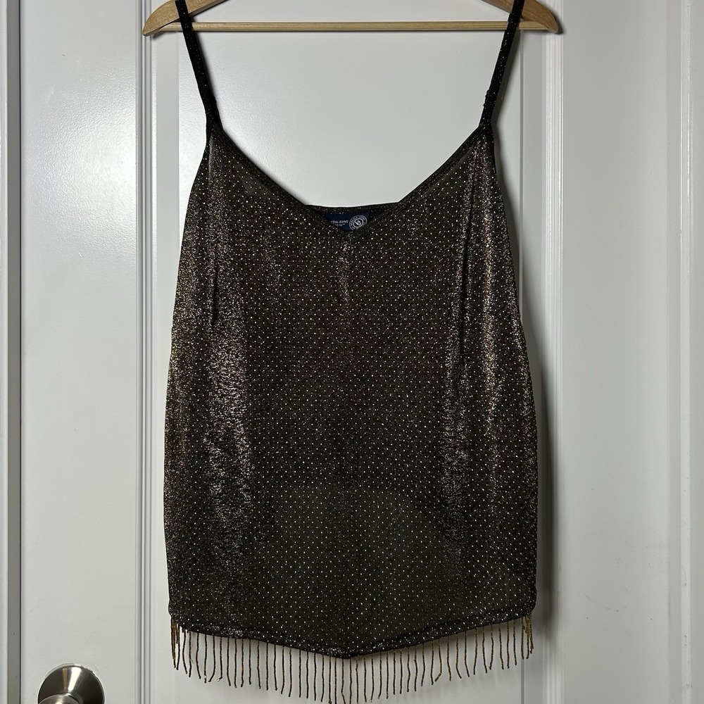 Venezia Jeans Clothing Co. Black Gold Metallic Polka Dot Beaded Fringe Tank Top